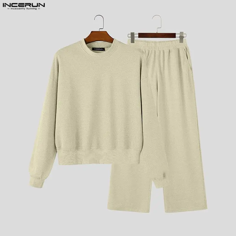 Men's Sets Solid Tracksuits Loose Streetwear O-neck Long Sleeve Hoodies Pants Two Piece Sets Casual Men Matching Sets INCERUN