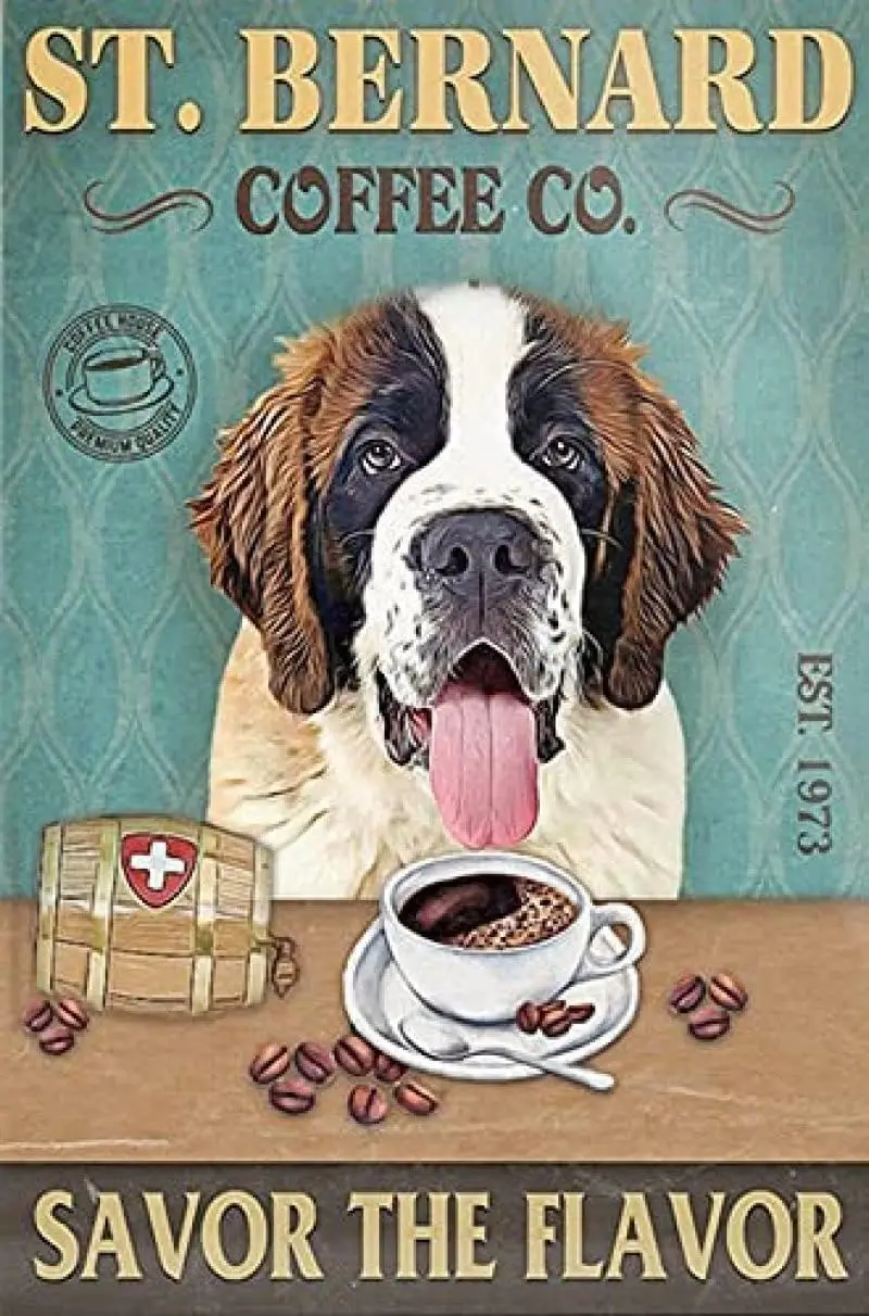 St. Bernard Dog Coffee Listing Vintage Metal Tin Sign 8x12 Inches for Bars Restaurants Cafes Pubs sign