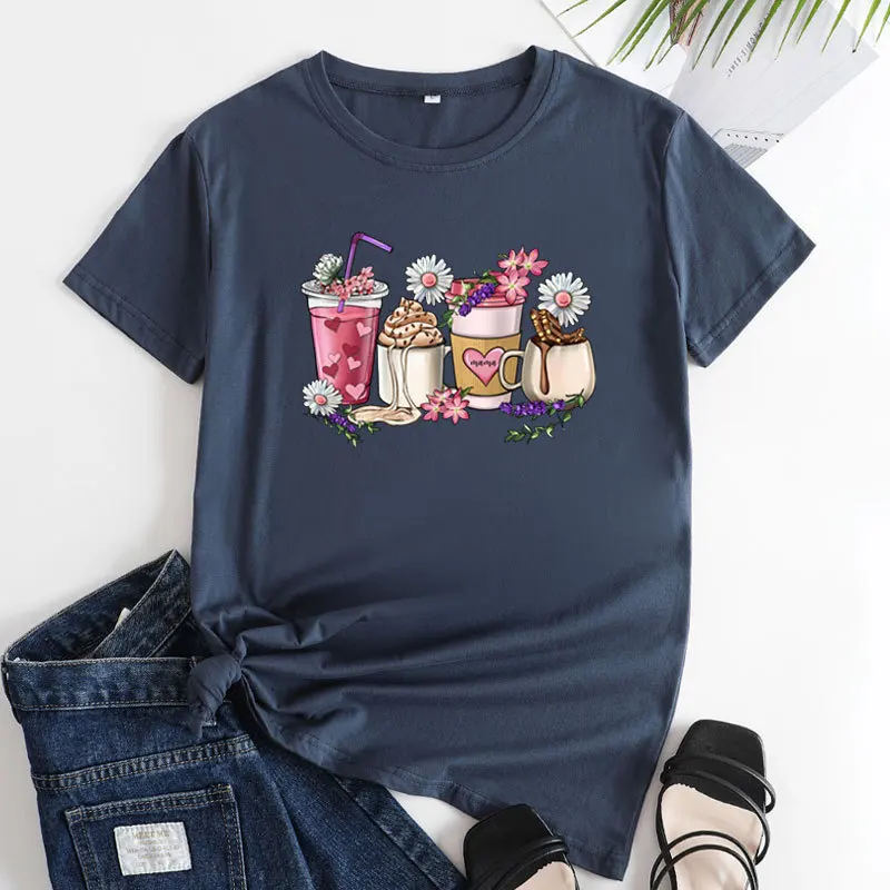 تي شيرت نسائي عصري بياقة دائرية من القطن، محبوك بكثافة، مناسب للصيف، ملابس الشارع، مريح، مصنوع من القطن الخالص