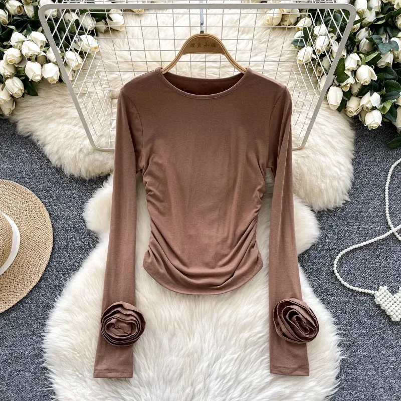 

Vintage Long Sleeves Elegant O-neck Chic Three-dimensional Floral Pleated Slim Top French Streetwear Autumn High Street T-Shirt