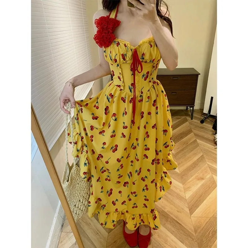 

Casual Elegant Floral Midi Dress Women Sleeveless Strap Dress Beach Style Party Clothing Japanese Kawaii Y2k Dress Vintage Chic