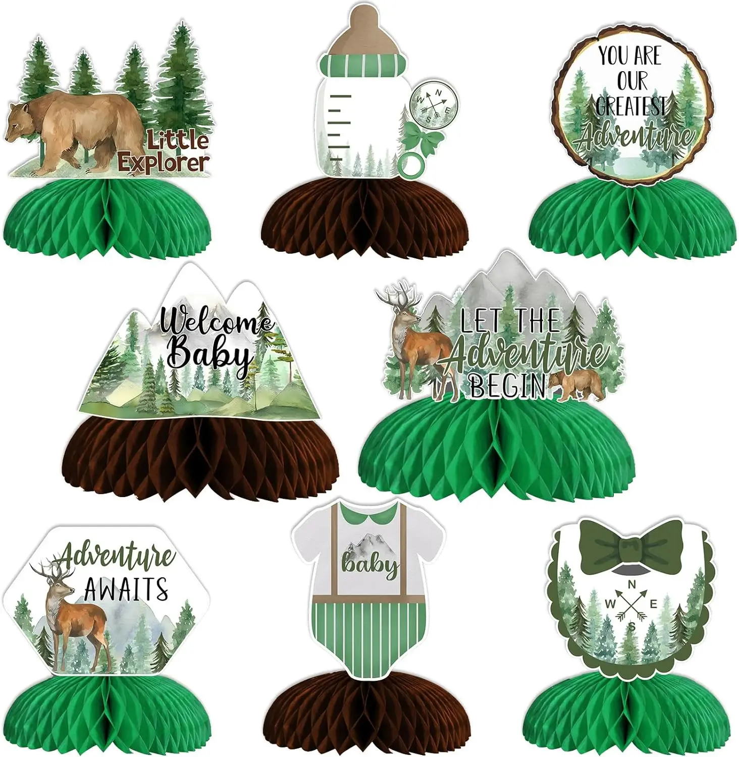 

8PCS Adventure Baby Shower Honeycomb Centerpieces Let The Adventure Begin Table Decor Woodland Forest Mountain Wilderness