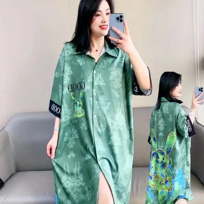 

Ice Silk Nightdress Women's Fashion Cozy Summer Luxury 2024 New Sexy Cartoon Shirt Nightdress Can Be Worn Outside Loungewear