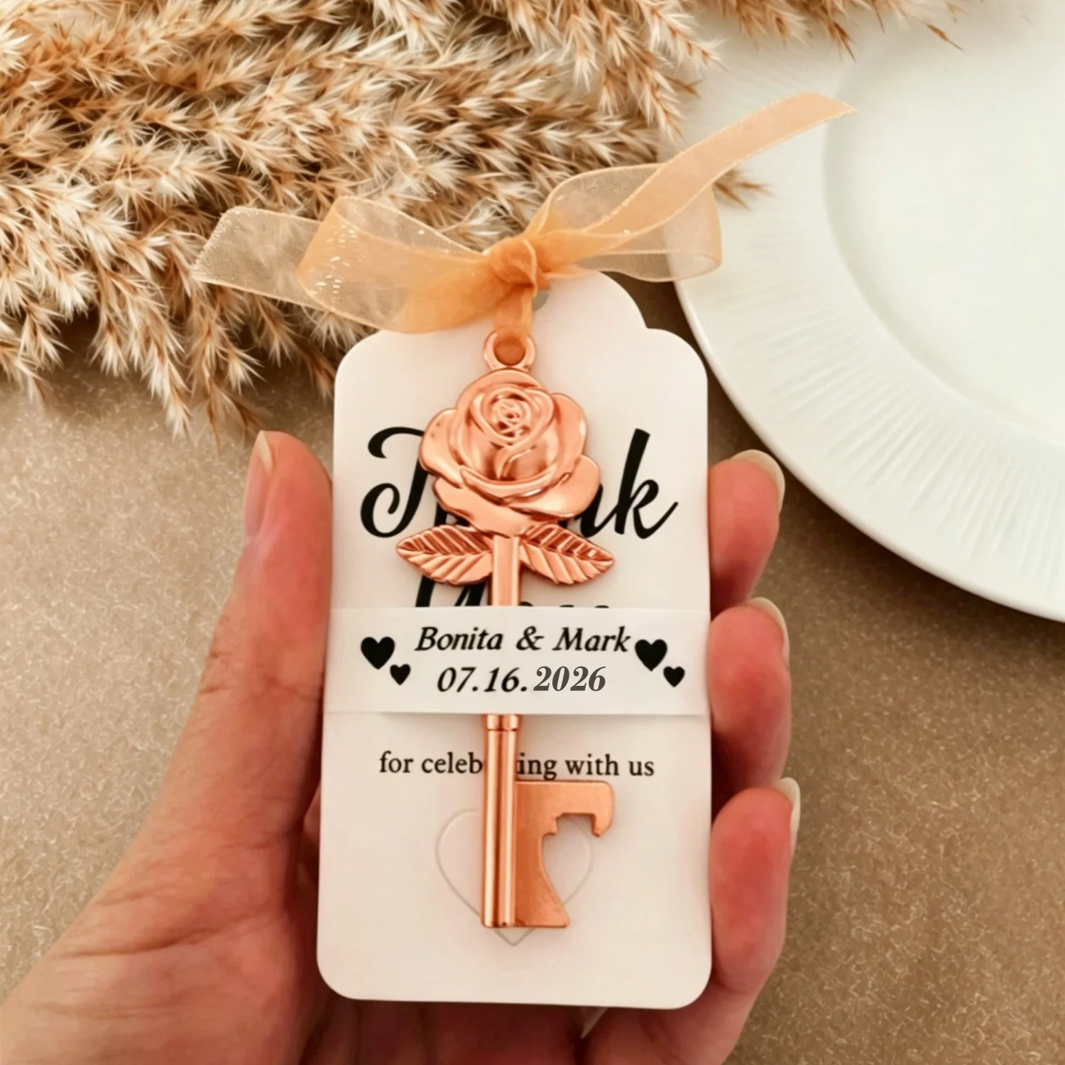 Roségold Schlüssel-Flaschenöffner für Gäste Hochzeitsgeschenke für Gäste Party-Dekoration Gastgeschenke Babyparty Taufe Dankeschön 20/30 Stück – Detail 4