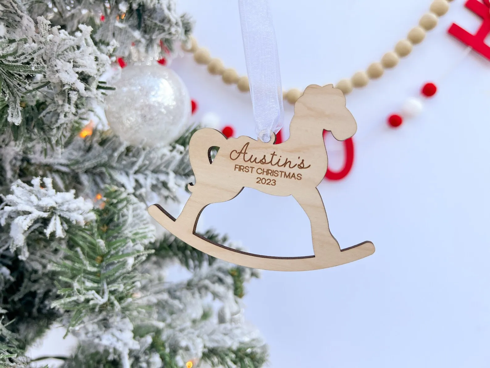 My First Christmas 2024, Personalised Babys First Christmas Ornament,Engraved Rocking Horse Ornament, New Baby Gift Tag