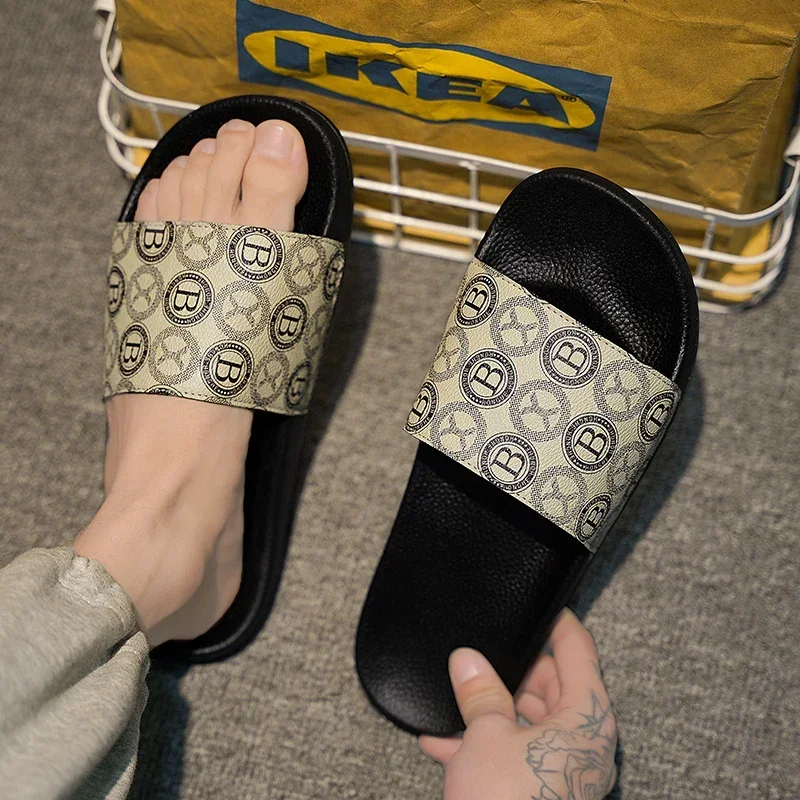

Fashion Men Slippers Leather Texture Flat Lightweight Eva Home Bathroom Sandal Summer Comfort Couple Indoor Slides Shower Shoes