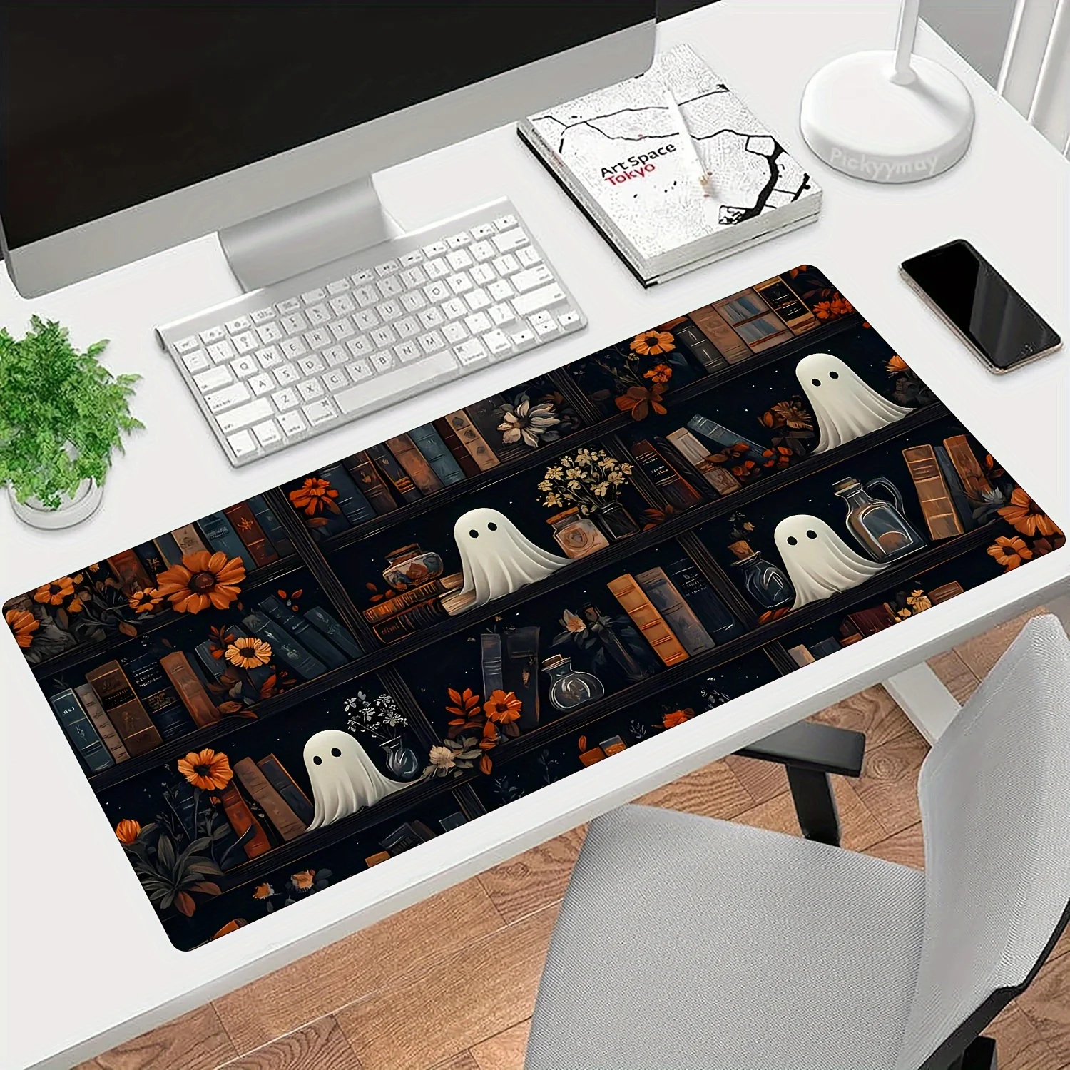 Cute Ghost Library Bookshelf Desk Mat Large Anti-Slip Rubber Mouse Pad for Office and Home