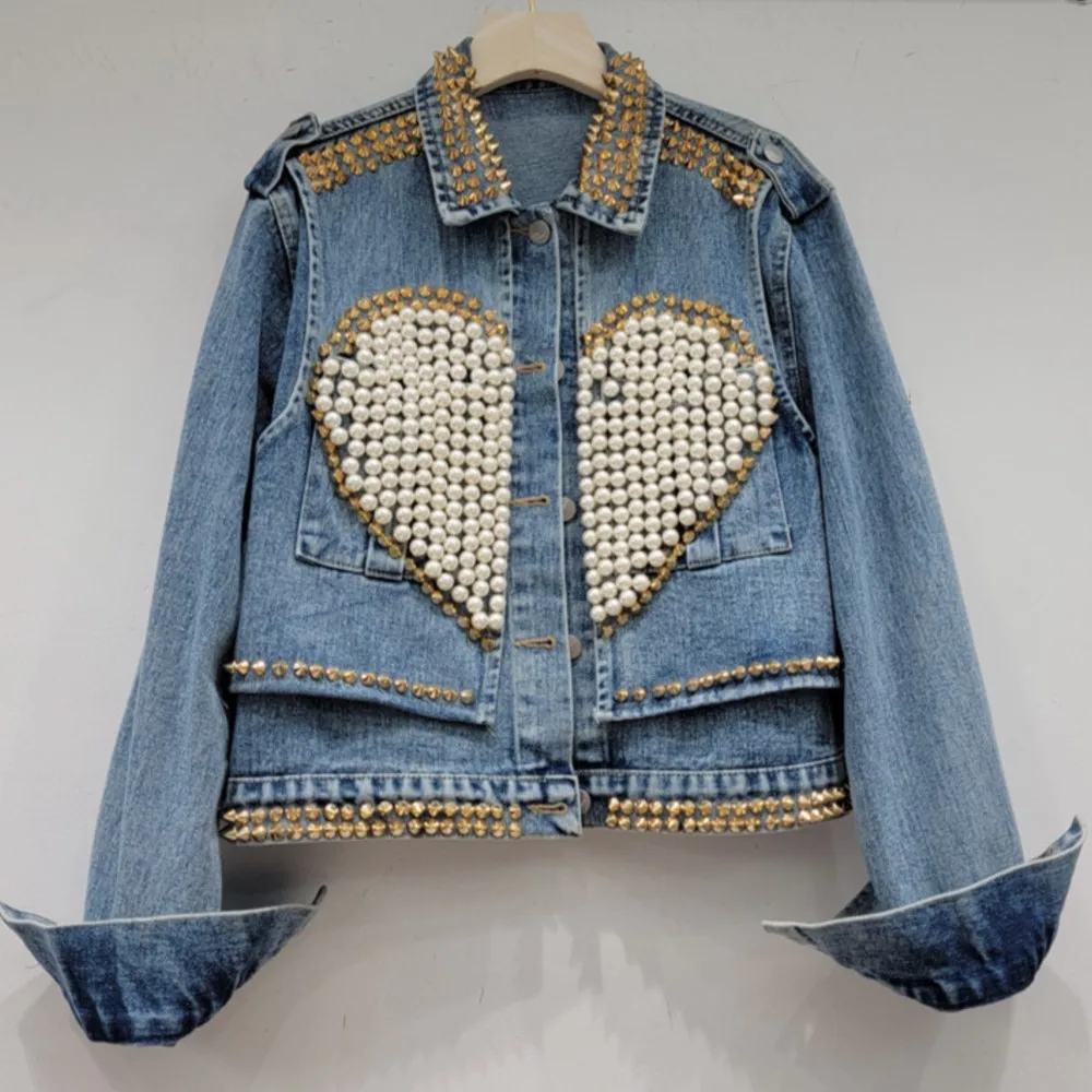 

Women's Denim Coat Heart Beading Pearls Gold Rivets Loose Blue Long Sleeve Jackets