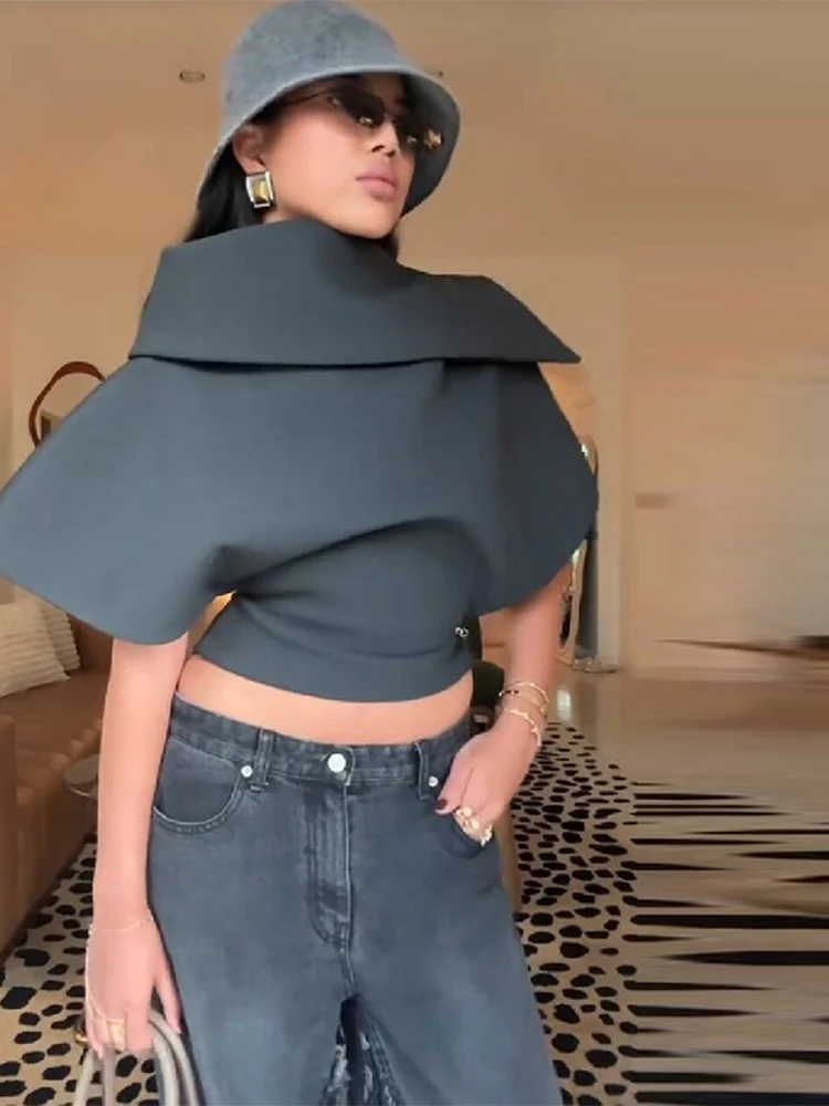 

2025 Stylish New Asymmetric Collar Top For Women Loose Short Sleeve Waist-Fitting Wear Fashion Party Style Street Outerwear