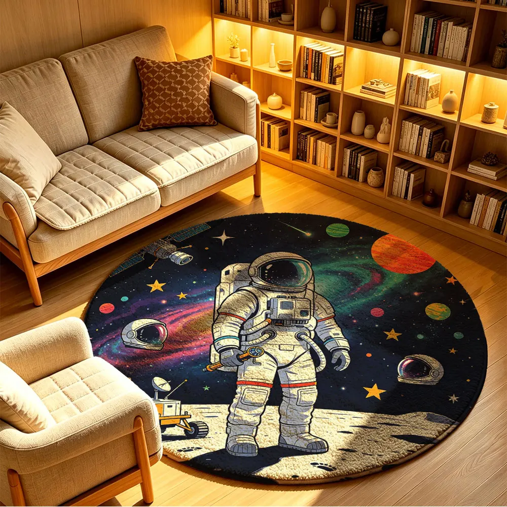 Round Rug Non-Slip Washable Astronaut Space Planet Pattern Floor Mat for Living Room Bedroom Kids Room Decor