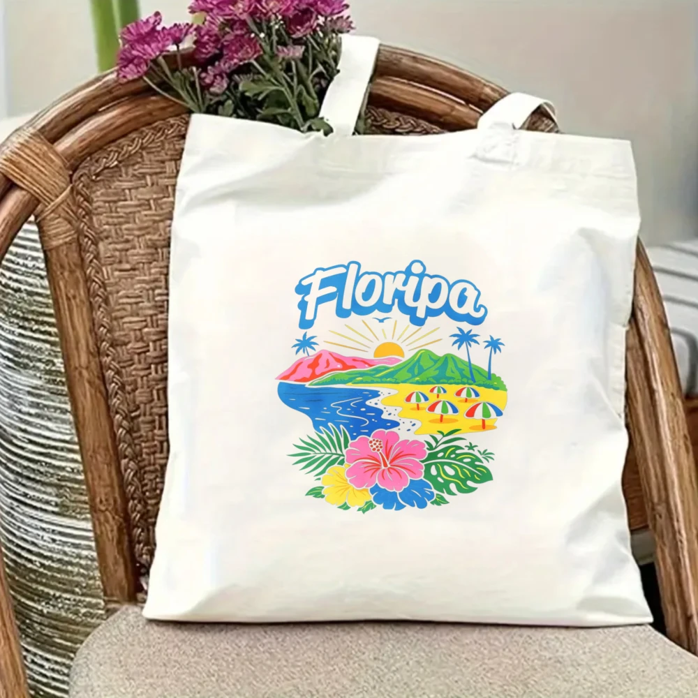 Bolsa de Lona com Estampa de Praia Floripa Brasil, Bolsa de Ombro Feminina, Bolsa de Mão Tropical para Uso no Verão