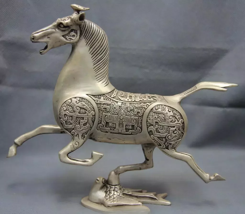 Chinese Folk White Copper Silver Horse Stepping on Flying Swallow Horse Statue