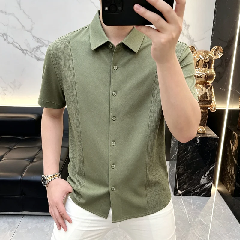 2026 Summer New Style Side Texture Patched Short-Sleeved Shirt for Men - Breathable Business Casual Shirt
