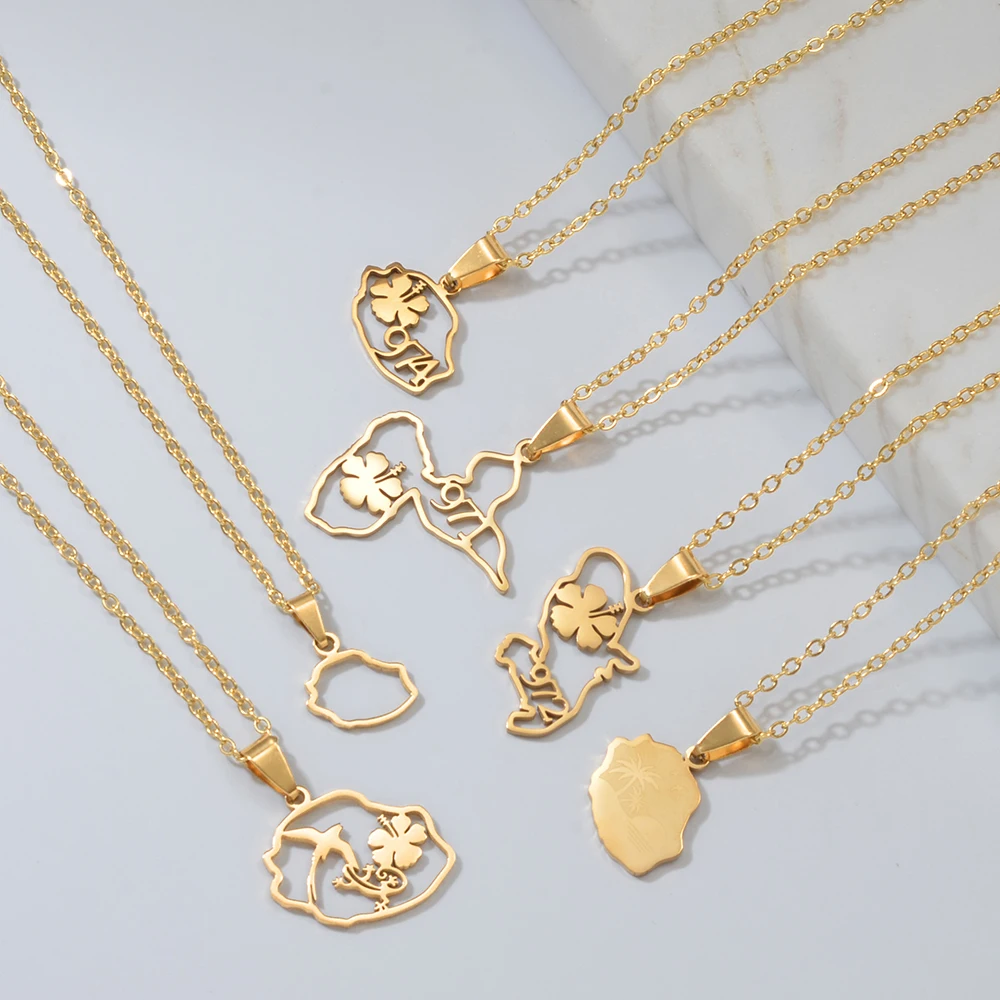 1 قطعة خريطة ريونيون مخطط 974 الكركديه وشجرة جوز الهند غوادلوب مارتينيك قلادة القلائد مجوهرات من صلب لا يصدأ # 593662 #6