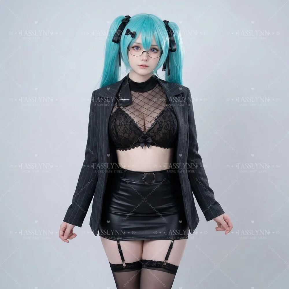 NIKKE Privaty Cosplay Full Outfit Set, Striped Blazer Lace PU Skirt Secretary OL Costume, Women Game Cos for Comic Con Halloween