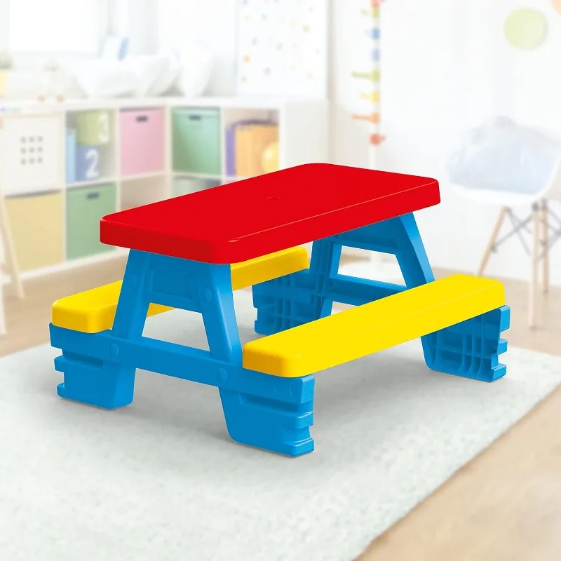 Big Plastic Picnic Table for 4 - Blue, Red, Yellow - Indoor & Outdoor Use, 44lb Capacity, 44x77x71, Designed for Toddlers