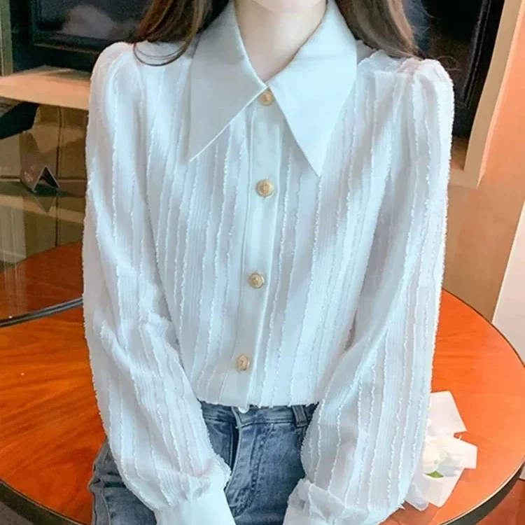 

Women Long Sleeved Pointed Neck White Chiffon Blouse Spring Autumn New Lady Simple Versatile Shirt Female Tops