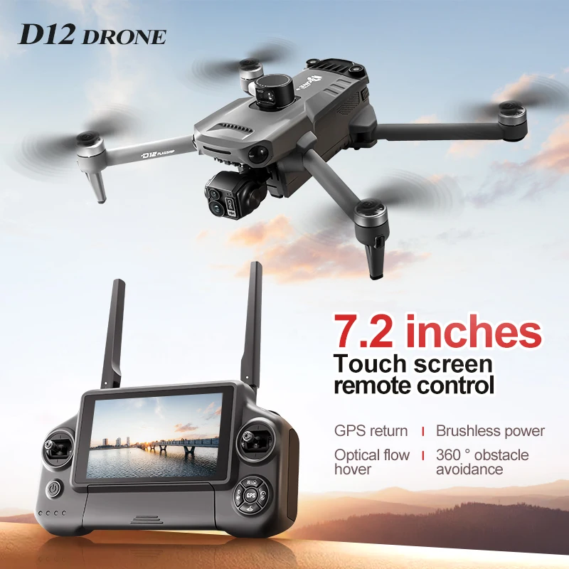 D12 Professional GPS Drones 8K Screen Remote Control 3-Axis Gimbal Obstacle Avoidance Air Drop Device Fishing Aircraft Plastic