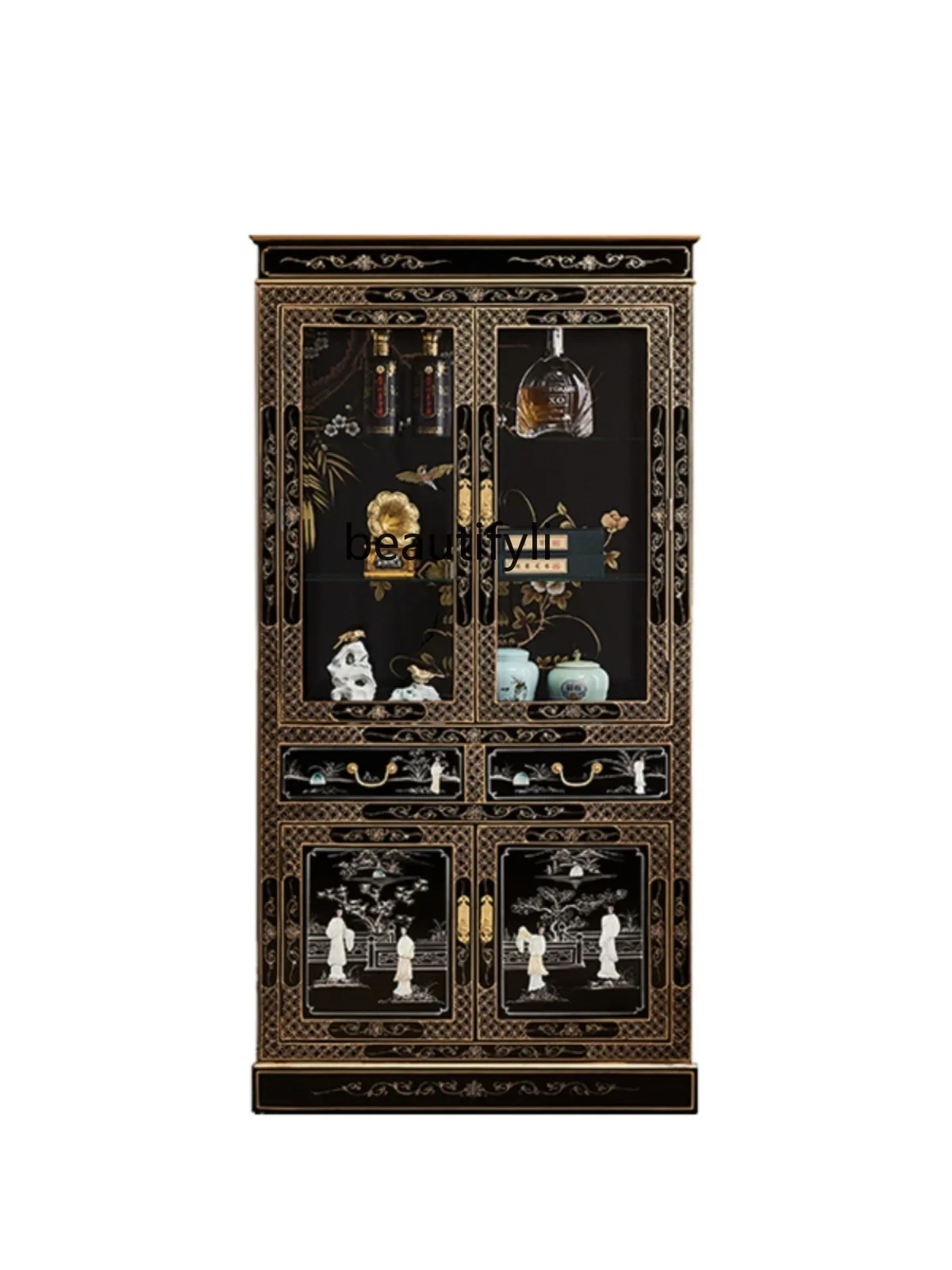

A15 NewChineseStyleBookcase Wine Cabinet Storage Cabinet Glass Door Home Vintage Solid Wood Storage Furniture Living Room Decora