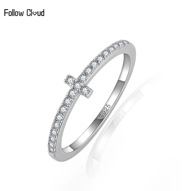 

Follow Cloud Total 0.32ct Sparkling Small Cross Full Moissanite Diamond Ring for Women 925 Sterling Silver Eternity Wedding Band