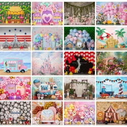 Balloons Circus Beach Backdrops Kids Baby Photography Props Child Birthday Cake Smash Photocall Decors Pink Bus Backgrounds