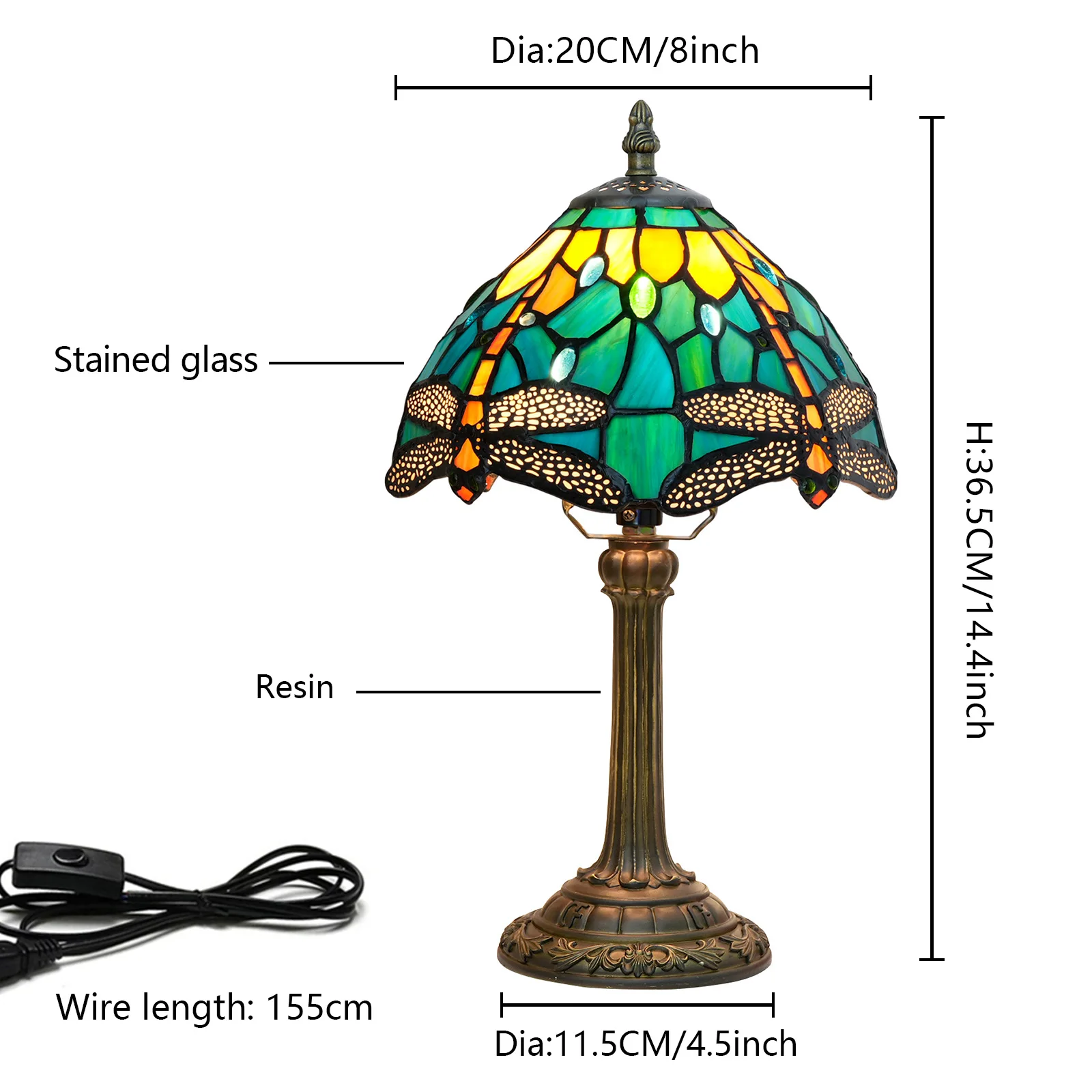 8 Inch Vintage Tiffany Style Table Lamps for Living Room Stained Glass Accent Table Lamp Bedside Table Lamp for Bedroom