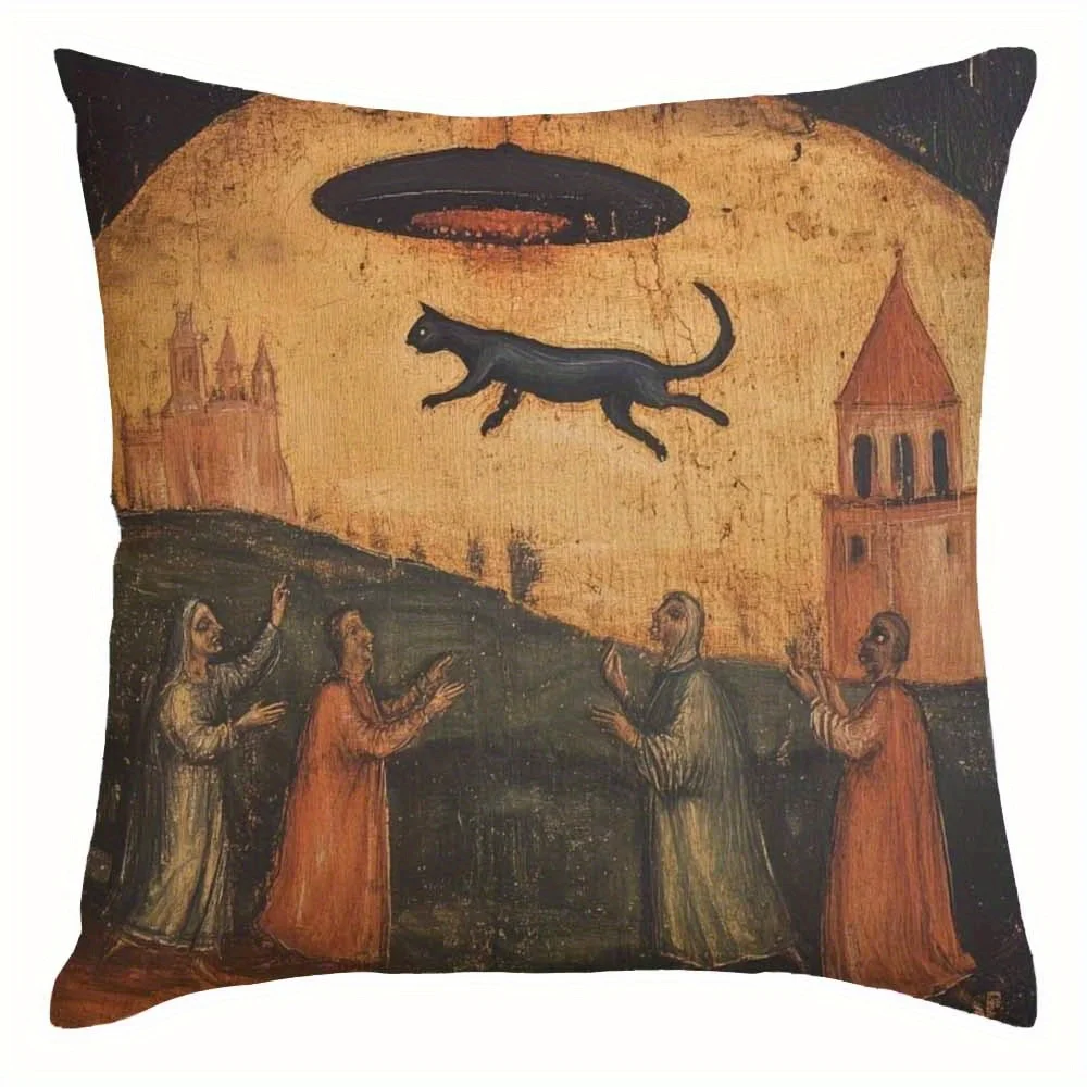 Vintage Religious Flying Black Cat Pillow Case Double-sided Mysterious Magic Throw Pillow Cover for Fantasy Room Home Decor