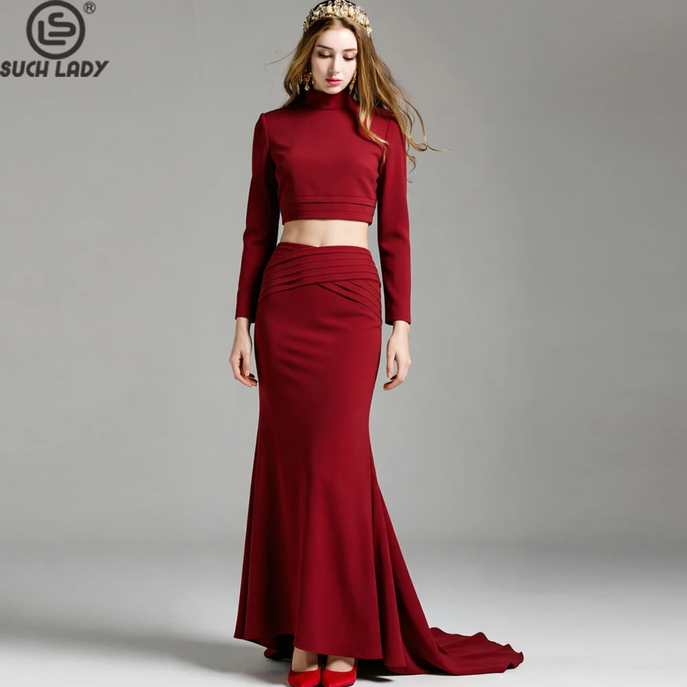 1. Elegant Red Long Sleeve Crop Top & Ruched Maxi Skirt Set - High Neck Bodycon Women's Party Dress (S-XXL)