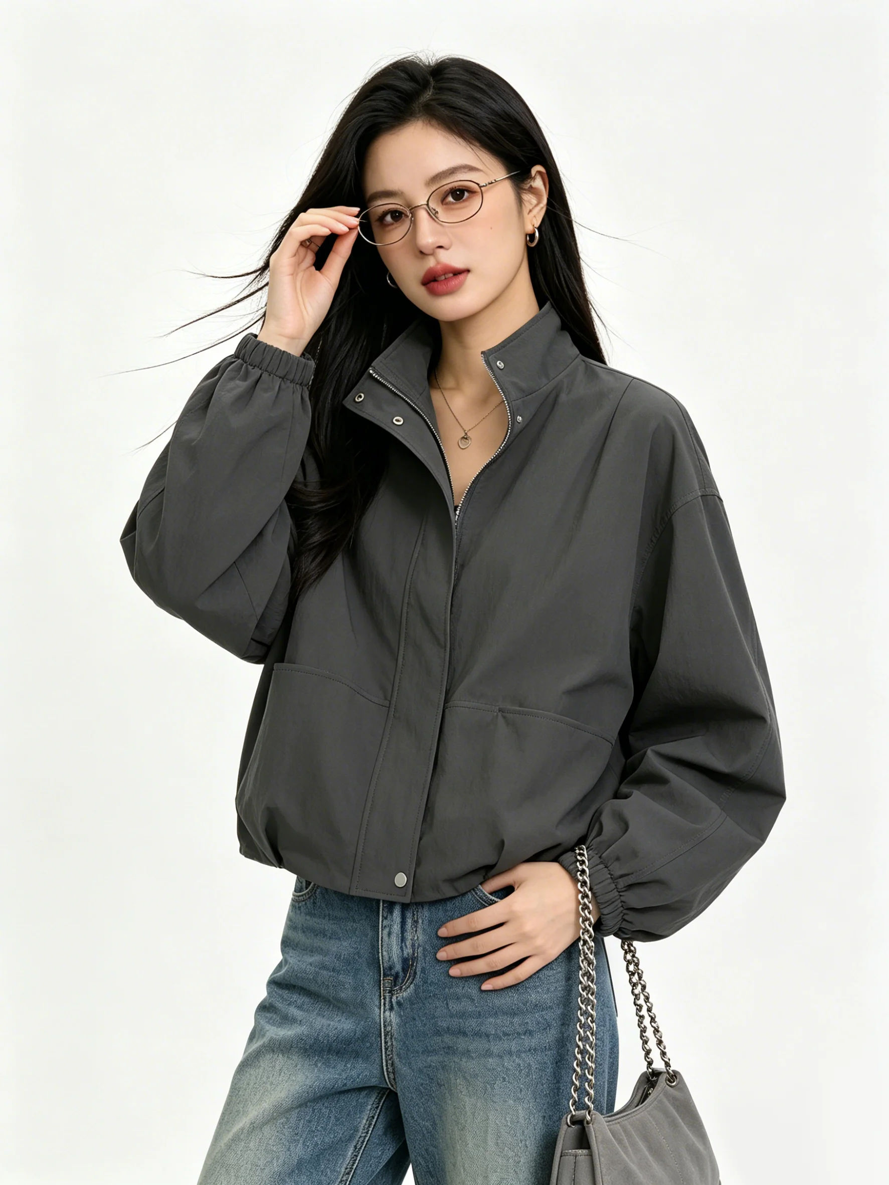 

Spring Korean Style Casual Short Zipper Jacket Women's Loose Commute Slimming Outerwear Breathable Standard Fit Ladies Coat