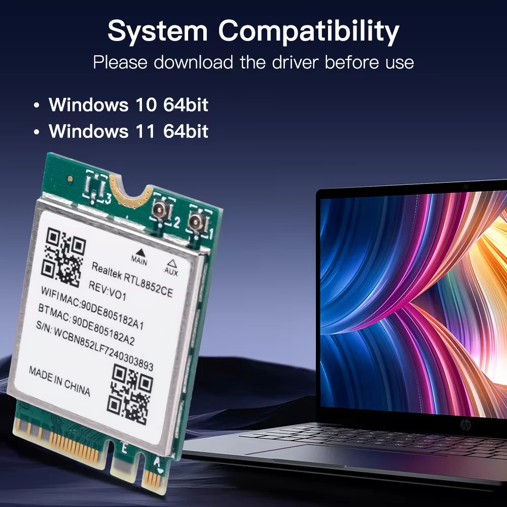 WiFi 6E RTL8852CE M.2 NGFF محول لاسلكي بلوتوث 5.3 5374Mbps 2.4G/5G/6 جيجا هرتز 802.11AX لسطح المكتب/الكمبيوتر المحمول لـ Win10/11
