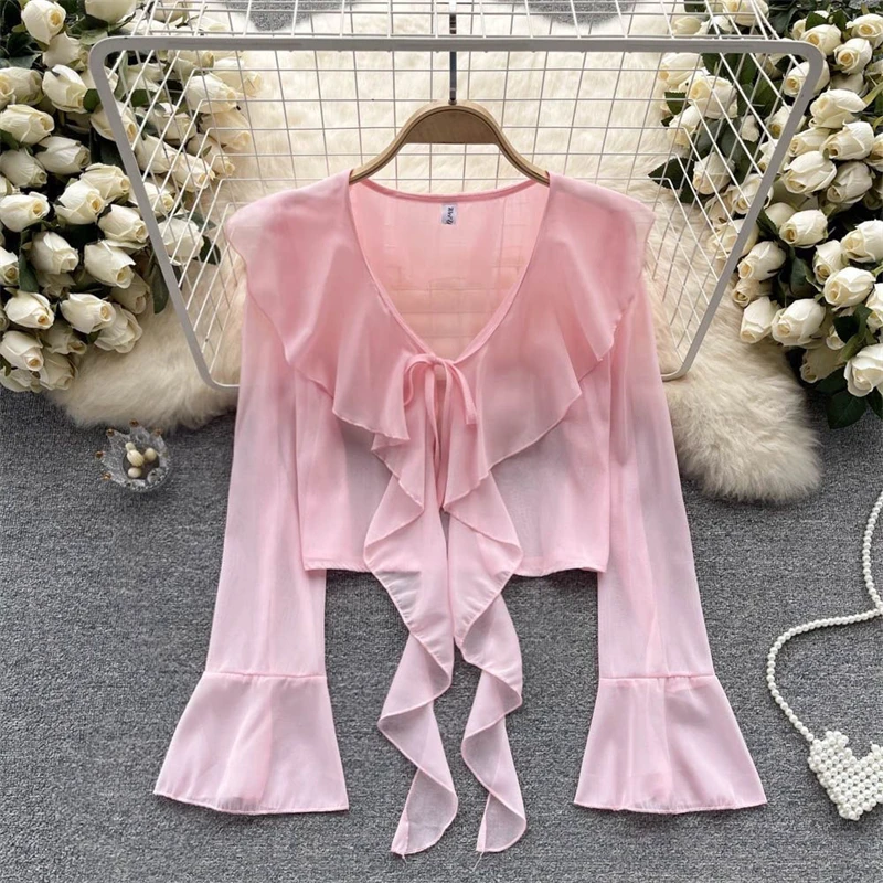 Women Fashion Ruffle Lace Up Sunscreen Cardigan 2024 Summer Solid Long Sleeve Thin Chiffon Shirt Sexy Fairy Sweet Slim Crop Tops