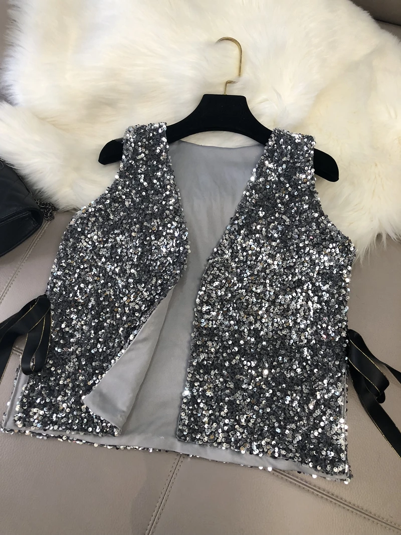 Fashion Women\'s New Heavy Industry Sparkling Sequin Vest Loose Lace Short One Hundred Matching Shirts Small Cardigan Tops