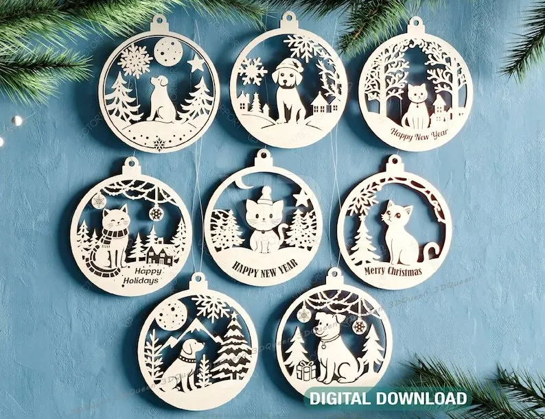 Pet Lovers New Year 3D Ornament Set Christmas Tree Decorations with Snowy Scene Kitty Pup Cat Dog Laser Cut Digital Download