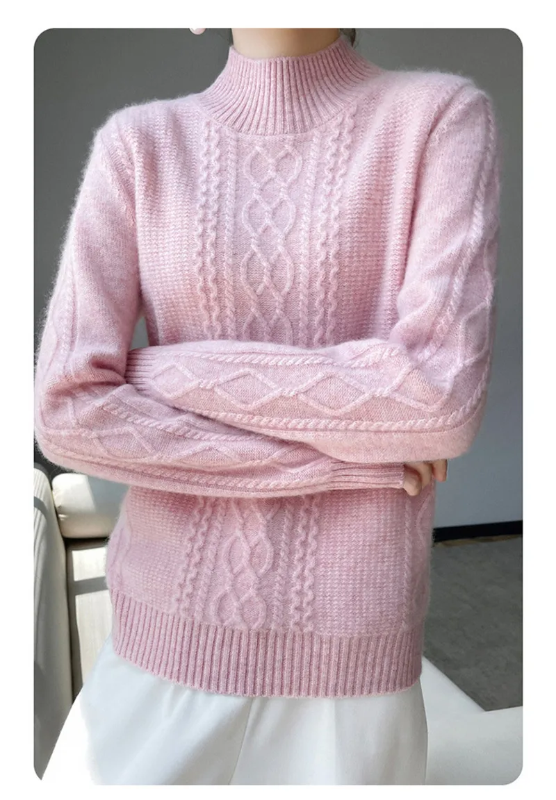 Neue Frühjahr Gestrickte Pullover Halb Hohen Kragen Lose Dicke Warme Pullover Für Frauen Vintage Wolle Herbst Winter Mutter Bodenbildung Top – Detail 8
