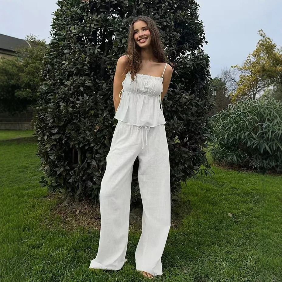 

Pure cotton fashionable and comfortable white suspender sleeveless top wide-leg pants set summer new European and American