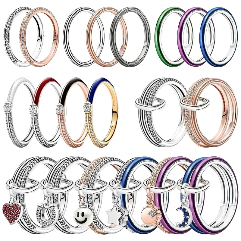 

New 100% S925 Silver Lucky Bottle Cap Happy Smiling Face Peach Heart Women's Logo Combination Ring Women's Fashion DIY Jewelry