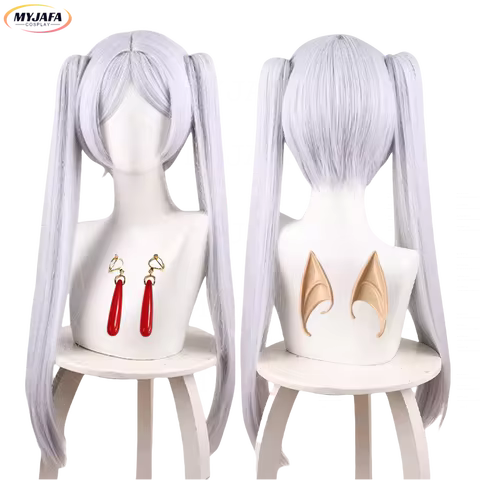 Frieren Cosplay Wig Anime Long Silver White Double Ponytails Wig Heat Resistant Hair Halloween Party Role Play Wigs + Wig Cap