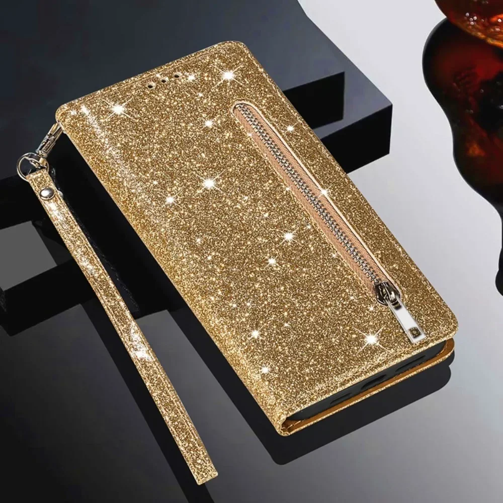 

Glitter Zipper Leather Holster Shell for IPhone 15 Plus 14 ProMAX 13 12 Mini 11 Xs Fation Card Wallet Bracket Protect Phone Case