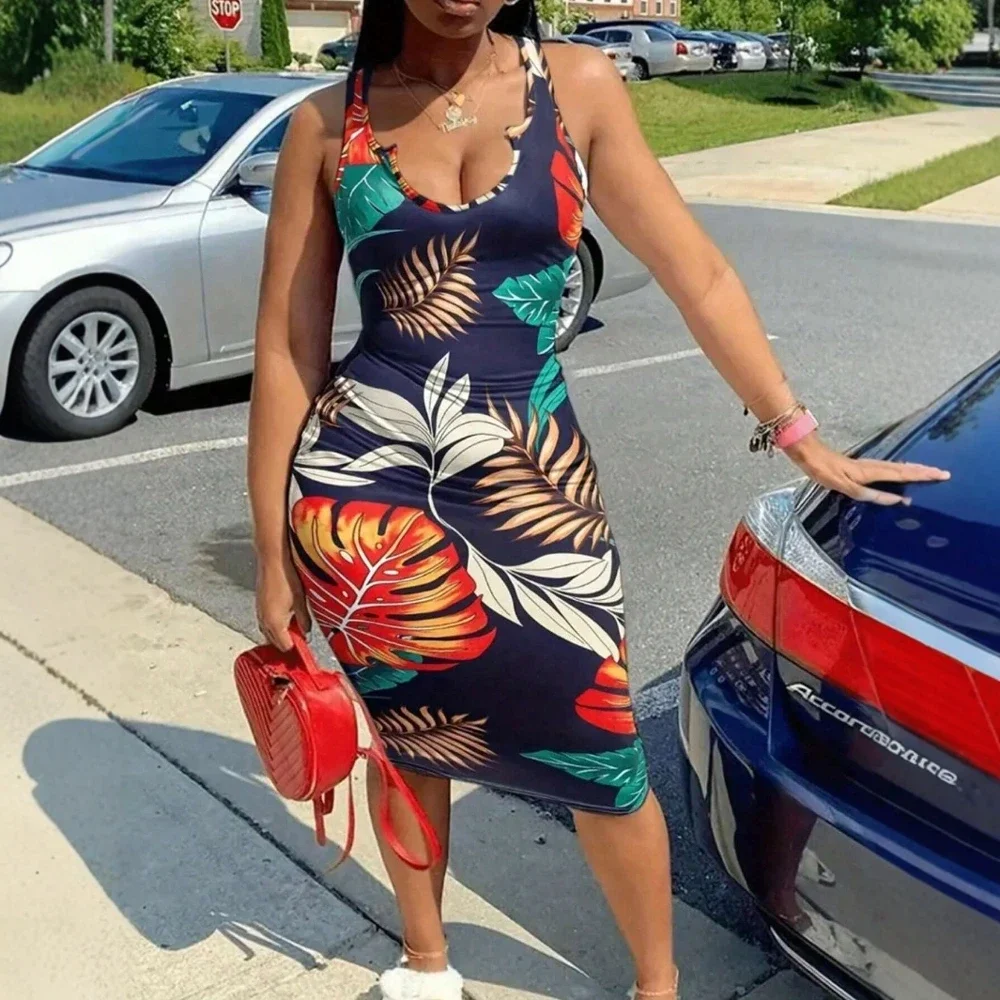 Vestidos Primavera Verano vacaciones cómodo estampado gráfico sin mangas cuello dividido hasta la rodilla vestidos ajustados para mujeres