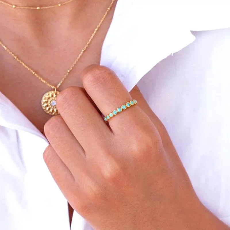 YUXINTOME 24k Gold-Plated Silver Exquisite Circle Pave Blue Turquoise Charm Shiny Gold Color Ring For Women Trendy Fine Jewelry
