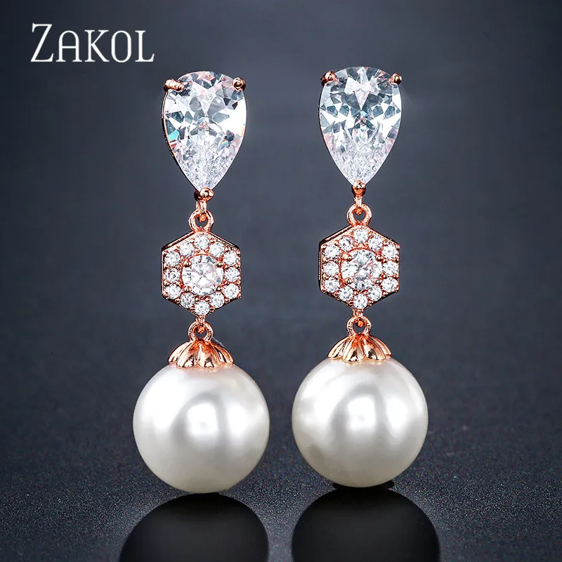 ZAKOL Exquisite Cubic Zirconia Artificial Pearl Simple Fashion Earrings for Women Wedding Dinner Birthday Gift Jewelry FSEP2389