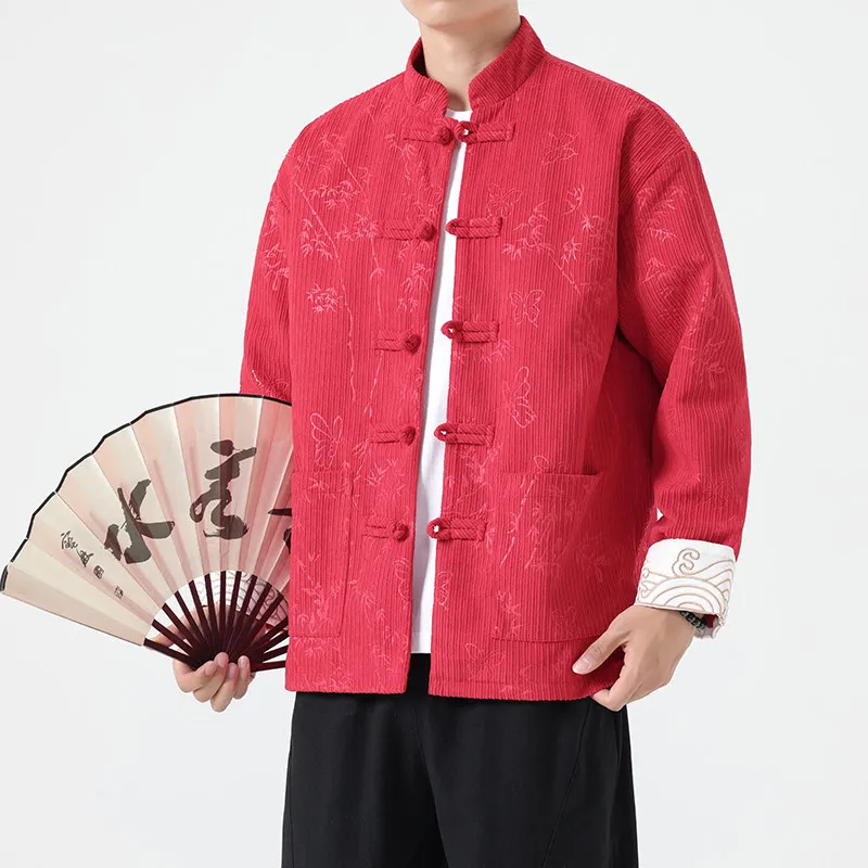 

New Chinese Sle Men's Tang Suit Jaet Autumn Winter Vintage Embroidered Long Sve Corduroy Outerwear Warmth Youth Faion