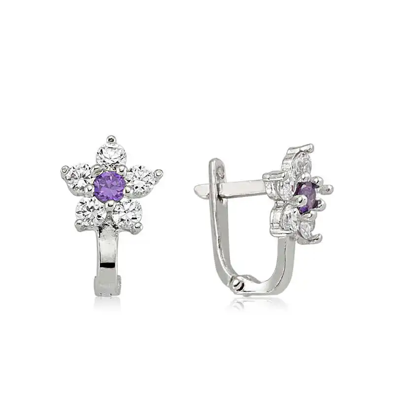 Silver Purple Stone Flower Earrings 925 Sterling Women for Jewelry Wedding Party Birthday Gift - Box - Fashion Girl Accessories