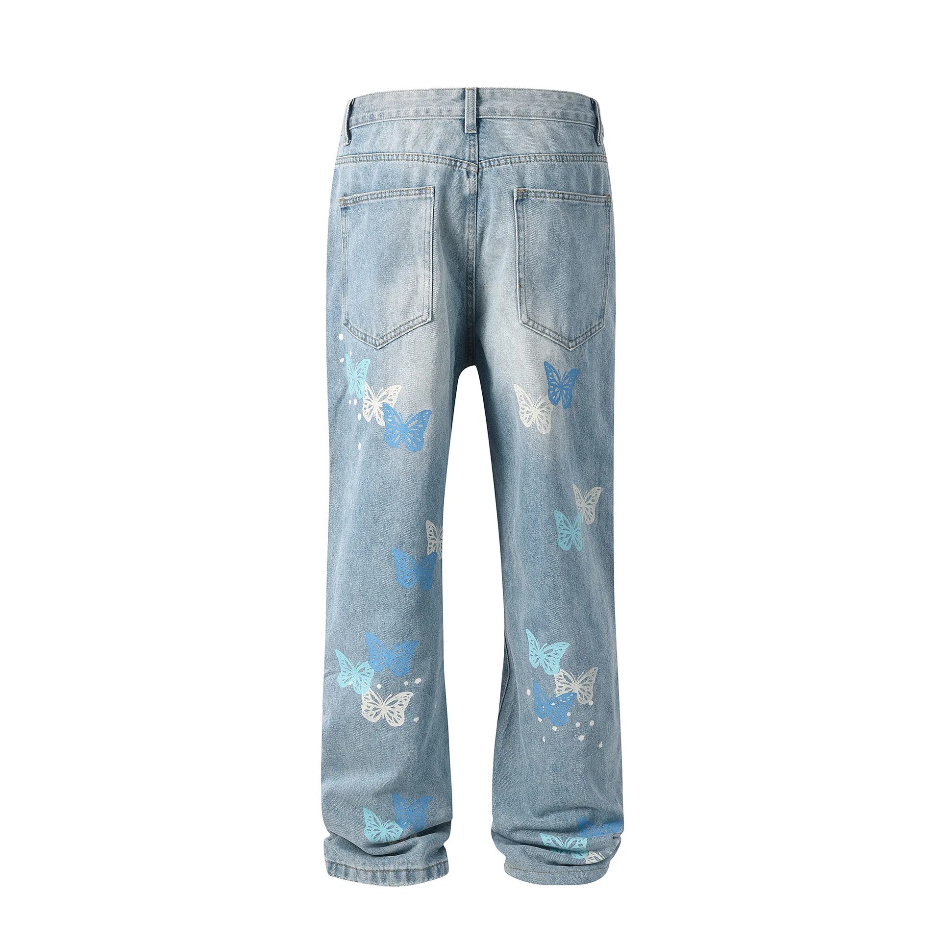 High Street Washed Loose Jeans mit weitem Bein und Schmetterlingsdruck, Stapeleffekt, Hiphop-Männer, lässige Jeans, Denim-Hosen, Jogger