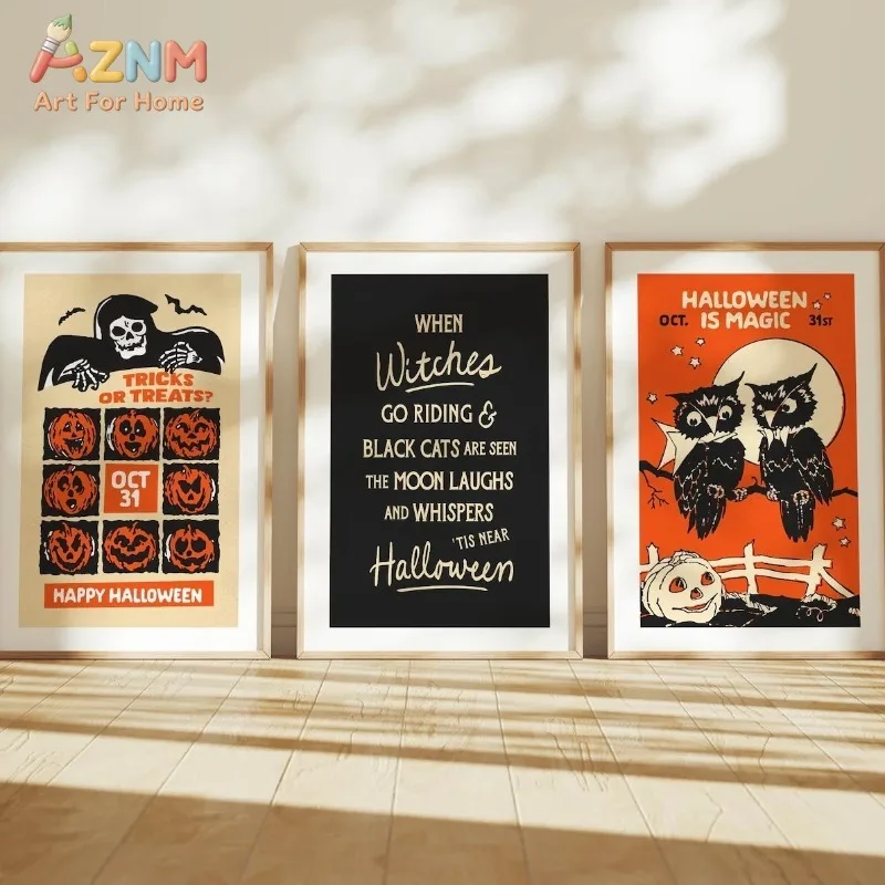 Halloween Canvas Poster Spooky Ghost Owl Black Cat Pumpkin Witch Graphic Art Unframed Canvas Print Hallows Autumn Home Wall Deco