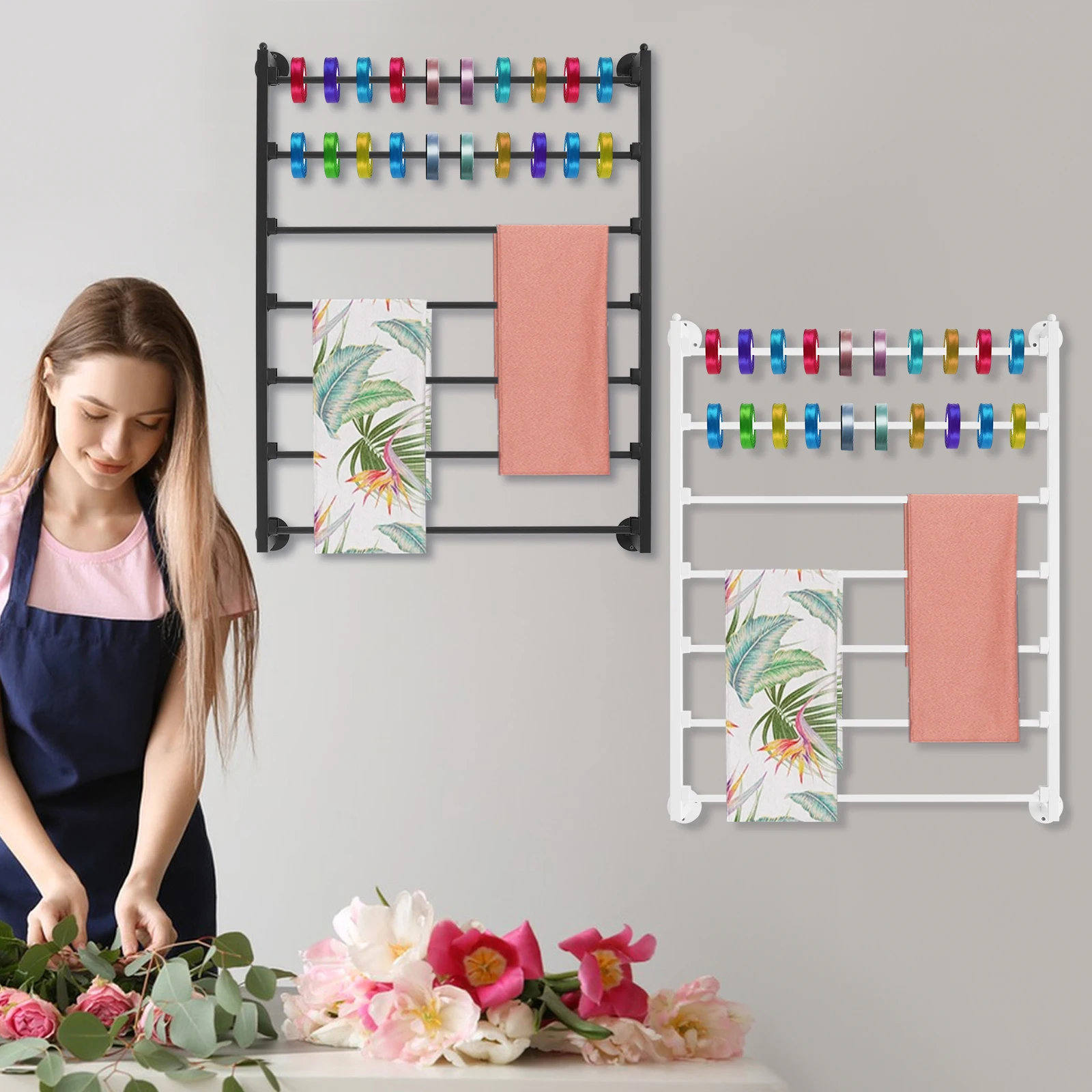 

White/Black Ribbon Storage Organizer 7-Tier Rack Wall Mounted Ribbon Organizer for Craft Room Flower Shop