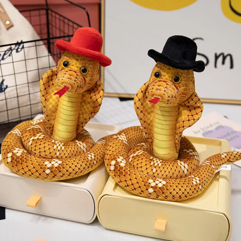 1Pc 25x74cm Funny Golden Snake with Gentleman's Hat Plush Toys Stuffed Soft Animal Dolls Simulation Snakes Toy Halloween Party