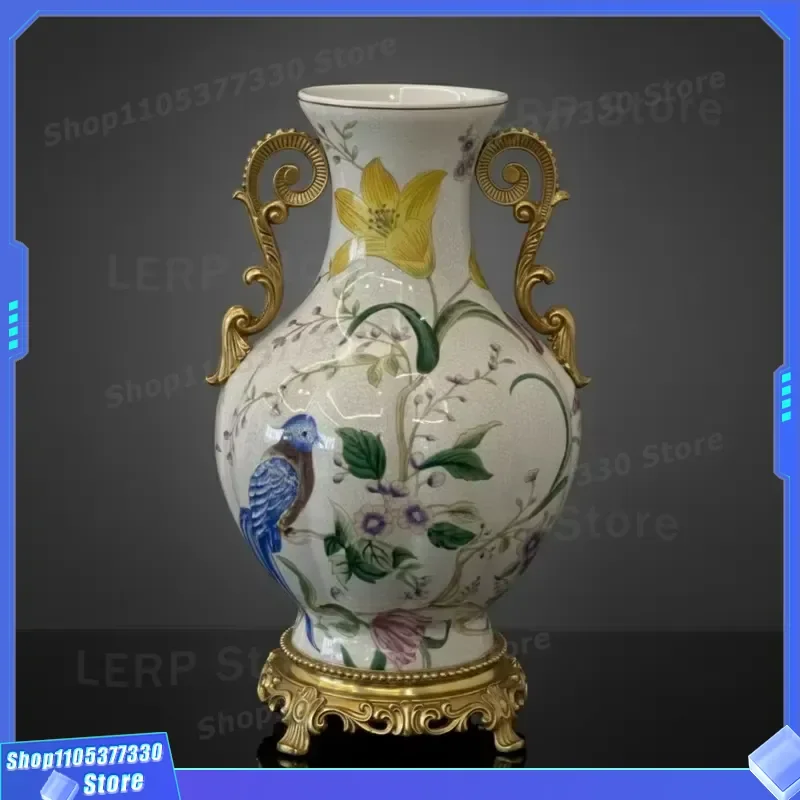 Hand Painted Crack Glazed Ceramic Vase with Brass Base Exquisite Porcelain Tabletop Decor for Luxury Villa Home Interior