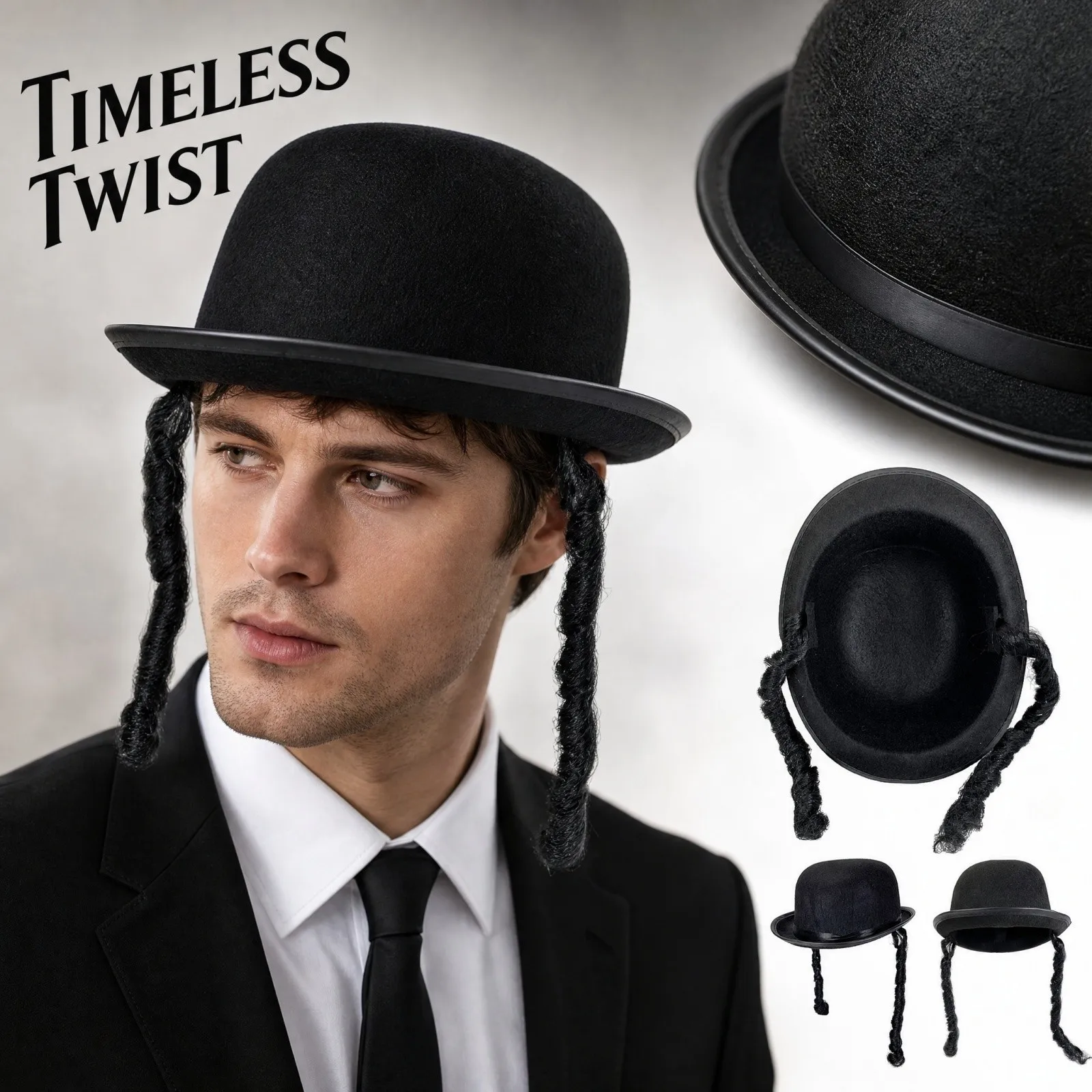 Unisex Adult Round Dress Hat with Black Braid Fashion Round Bowler Hat Black Braided Top Hat Party Hat