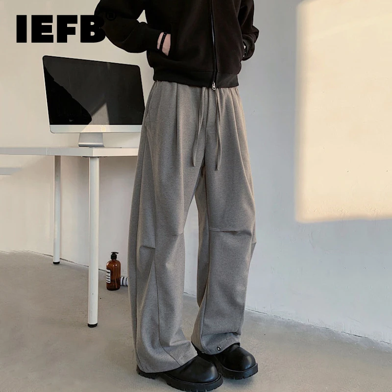 IEFB Woolen Men's Pants Casual Drawstring Solid Color Pockets Elastic Waist Loose Straight Leg Male Trousers 2024 Autumn 9C8922